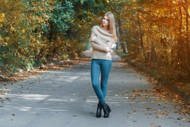 Pretty girl in a pullover standing in autumn park