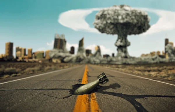 Bomb on the road. Background a nuclear explosion. — Stock Photo, Image