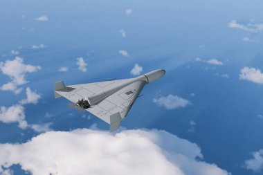 Askeri hava aracı bulutların üzerinde patlayıcı taşıyor. Saldırı, konsept. İnsansız hava araçları ve insansız hava araçlarıyla modern savaş..