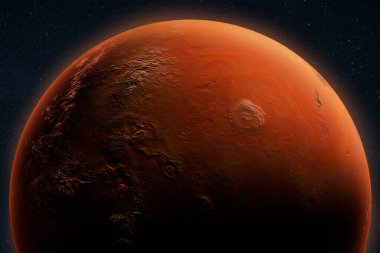 Kızıl Gezegen Mars 'ın detaylı kraterleri ve kayalık yüzeyini yıldızlı bir arka plan ile yakından görmek astronomi, bilim ve uzay keşiflerini sembolize eder..