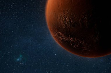 Mars gezegeninin detaylı yüzey dokularına, kraterlere ve yıldızlı bir dış uzay arka planına karşı kayalık oluşumlara yakın görüntüsü. Bilim, astronomi ve uzay keşfi temaları için mükemmel..