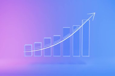 Gradyan arka planda yükselen neon okla birlikte soyut 3D bar tablosu iş büyümesini, mali başarıyı, ilerlemeyi ve olumlu ekonomik eğilimi sembolize ediyor. Yaratıcı fikir, patron. Fintech, kavram