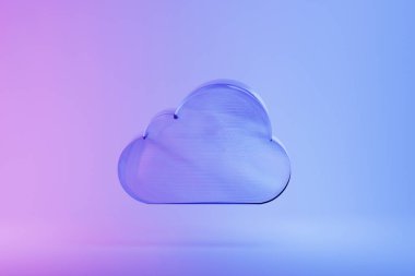 Renkli pembe arka planda neon cam bulut. Bulut Hesaplama Konsepti, modern bulut teknolojisi. Bütünleşik dijital web konsepti arka plan, İnternet veri depolama, veritabanı ve mobil.