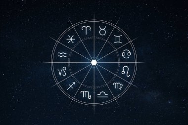 Yıldız gecesinin gökyüzü arka planında 12 astroloji işaretli Zodiac tekerleği, yıldız falı, astroloji, mistisizm ve kozmik enerjinin sembolü. Tahminler ve falcılık, konsept