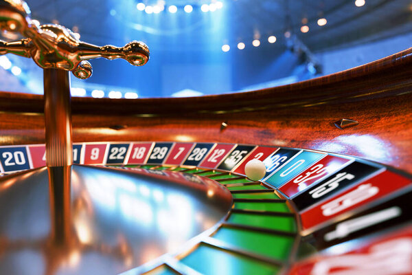 Close-up of a roulette wheel with a ball landing on a number in a brightly lit casino. Concept of gambling, luck, risk, and entertainment in a luxurious gaming atmosphere. Green Zero. Casino, creative