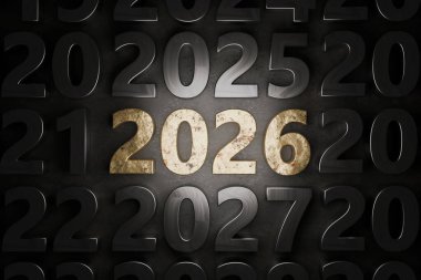 2026 yılına ait eskimiş altın, 2025 ve 2027 yıllarında metalik rakamlarla vurgulandı. Gelecekteki odaklanma, tahmin ve önemli zaman aralıkları için güçlü bir görsel. Yeni Yıl 2026, kavram