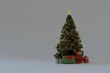 Noel ağacı tamamen ışıklarla, süslemelerle ve tarafsız gri arka planda hediyelerle süslenmiş. Metin veya ürün sergisi için bolca fotokopi alanı olan klasik tatil sahnesi. Kış tatili