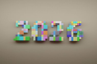 2026 yılı, renkli, pastel, plastik yapı taşlarından inşa edilerek, sıcak ve tarafsız bir arkaplanda pikselleştirilmiş ve eğlenceli bir doku oluşturuldu. Yeni yıl, çocukluk kavramı.