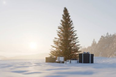 Güneşin altındaki hediyeler ve neşe renkli süslemeleri olan canlı bir Noel ağacı ve parlak, huzurlu bir kış manzarasında hediyeler. Kar yağıyor. Kış tatili