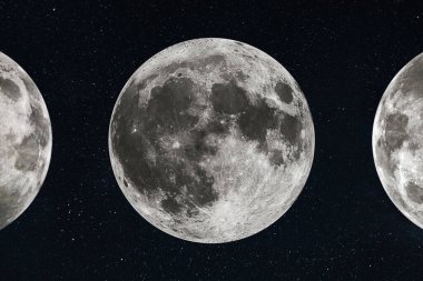 Dolunayın, yoğun bir yıldızlı arka planda, iki kısmi ay arasında merkezlenmiş detaylı görüntüleri. Derin uzayda Ay kraterleri ve Maria 'nın yüksek çözünürlüklü dokusu. Sinematik Kozmik Görünüm.