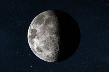 Keskin ilk çeyrek ay aşaması yıldızlı karanlık bir gökyüzünde izole edildi. Terminatör hattındaki ay kraterlerinin detaylı görüntüsü. Uzay keşifleri için Ay 'ın yüzeyi