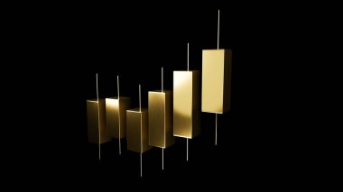 Altın dijital varlık görselleştirmesi boğa kripto para piyasası hareketini temsil ediyor. Bitcoin değişimi, ön x analizi ve elektronik ticaret platformları için modern 3D işlem çubukları
