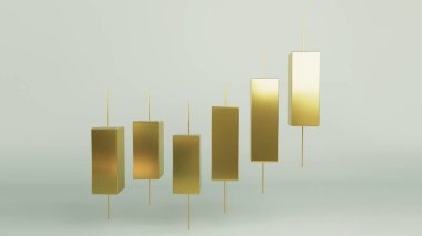Beyaz arka planda altın şamdan şeması. Zorba bir pazar trendinin profesyonel finansal görselleştirilmesi, hisse senedi ticareti başarısını, yatırım büyümesini, zenginlik yönetimini temsil ediyor. Yaratıcı altın