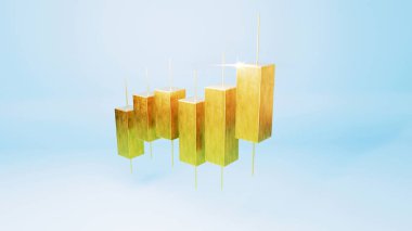 Altın şamdan çizelgesi çubukları yumuşak mavi arka planda yukarı doğru bir eğilim oluşturuyor. Finansal büyüme, borsa başarısı, ticaret, yatırım stratejisi ve ekonomik ilerleme kavramı. Altın yaratıcı