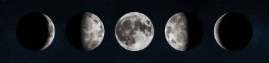 Panoramik dizi, yıldızlı karanlık gökyüzüne karşı beş ay evrelerini gösteriyor. Soldan sağa doğru hilal, ilk çeyrekte dolunay, son çeyrekte ve azalan hilal. Yüksek detaylı ay yüzeyi