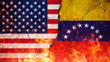 ABD ve Venezuela Bayrakları Çatışma ve Kriz Konsepti. ABD ve Venezuela 'nın çatlak bir duvarda ateş ve kıvılcımlar oluşturduğunu gösteren güçlü kavramsal görüntü.