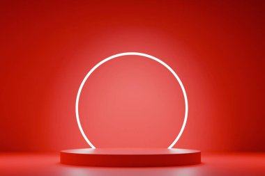 Minimalist 3D canlandırma dairesel kırmızı kaideyi canlı kırmızı bir arkaplana karşı. Parlak beyaz neon bir halka, ürün gösterimi, kozmetik markalaşma veya teknik sunumlar için mükemmel..