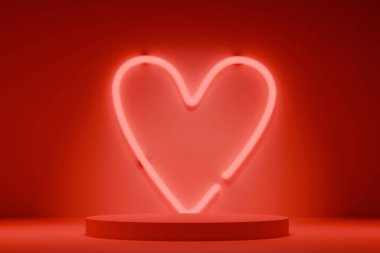3D Kırmızı Podyum ve Neon Heart Light Arkaplan. Romantik 3D minimalist sahne. Ürün sergisi için kırmızı dairesel bir kaide. Arkaplan parlayan neon bir kalp tarafından aydınlatılıyor, Sevgililer Günü.