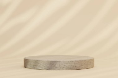 Ürün sergisi için minimalist 3D podyum. Yumuşak gölgeli ve zarif silindir platformlu bej estetik arka plan. Kozmetik, mücevher ya da lüks markalar sunumu için model sahnesi. Üst görünüm.