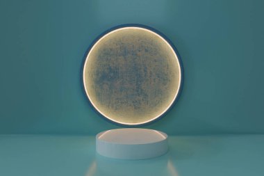 Beyaz silindir bir podyumun modern 3D görüntüsü parlayan dairesel neon çerçeveli bir duvarın karşısında. Lüks ürün yerleştirme, kozmetik ve mücevher sergileme için minimalist estetik arka plan.