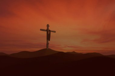 Karanlık çöktüğünde kefeni olan kutsal bir haçın silueti. Canlı turuncu ve mor gökyüzü dinsel temalar, umut ve Lenten yansıması için barışçıl, ruhani bir atmosfer yaratır. Gün batımında çapraz.