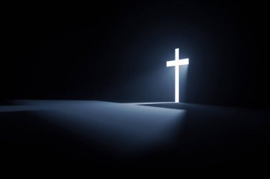 Karanlık bir odada parlayan Hıristiyan haçı. Parlak ışık haç şeklindeki bir delikten parlar ve uzun bir gölge bırakır. İnanç, umut, maneviyat ve karanlıkta ilahi rehberlik kavramı..