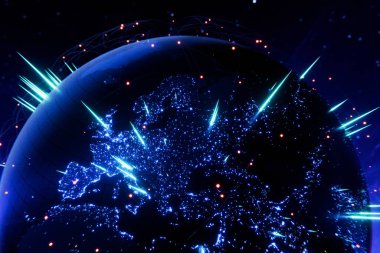 Parlak mavi kıtaları ve dijital ağ çizgileri olan gelecekçi bir dünya. Küresel iletişim, yüksek hızlı İnternet, veri transferi ve uluslararası iş bağlantıları temaları için ideal.