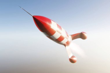 Temiz bir gökyüzünde uçan klasik tip kırmızı ve beyaz kareli roket. Retro uzay keşfi konsepti, bilim kurgu roket gemisi ve yaratıcı uzay taşıma illüstrasyonu. Roket havalandı.