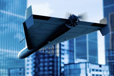 Pürüzsüz mat-siyah delta-kanatlı drone yoğun bir şehir siluetinde manevra yapıyor. Arka pervane ve aerodinamik çerçeveye odaklanması modern otonom gözetlemenin en uç noktasını vurguluyor. Savaş