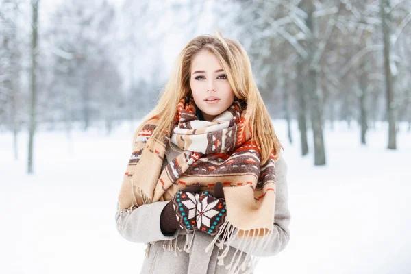 Ritratto invernale di una bella giovane donna con sciarpa vicino al parco innevato — Foto Stock