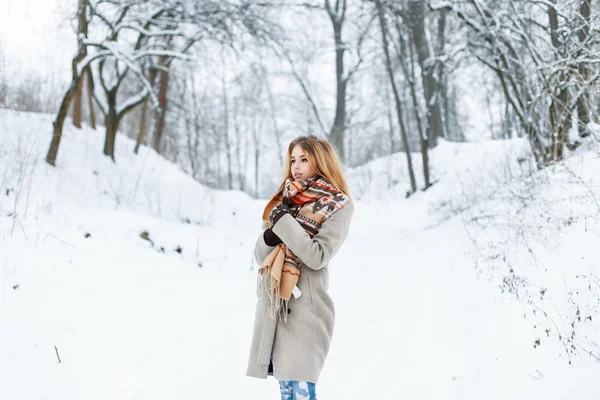 Beautiful woman standing in a winter park near a tree in a stylish vintage clothing. — Φωτογραφία Αρχείου