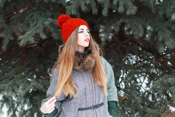 Stylish young girl in fashionable clothes on the background of green spruce. — ストック写真