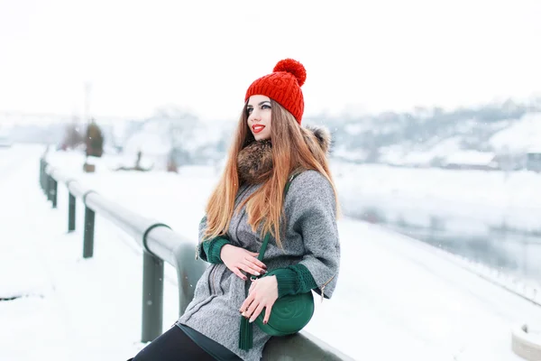 Hermosa mujer con estilo en la ropa de abrigo de moda sentado en un fondo de un paisaje nevado — Foto de Stock