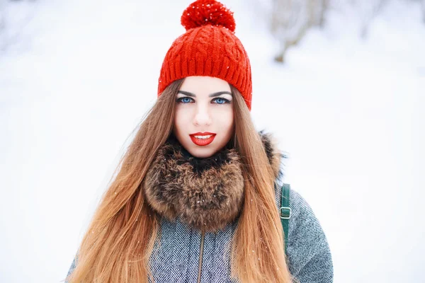 Young beautiful woman on a winter day on the background of a snowy field — Stok fotoğraf