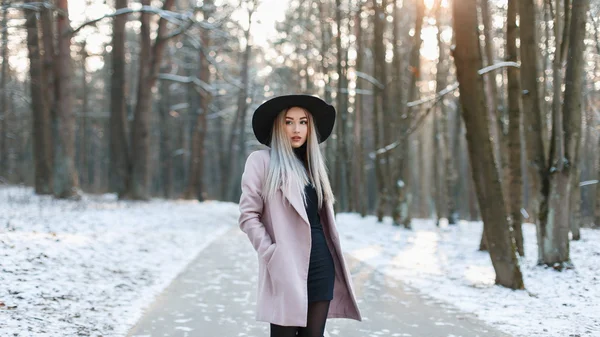 Mujer hermosa joven en sombrero elegante de moda y abrigo de pie en un parque de invierno —  Fotos de Stock