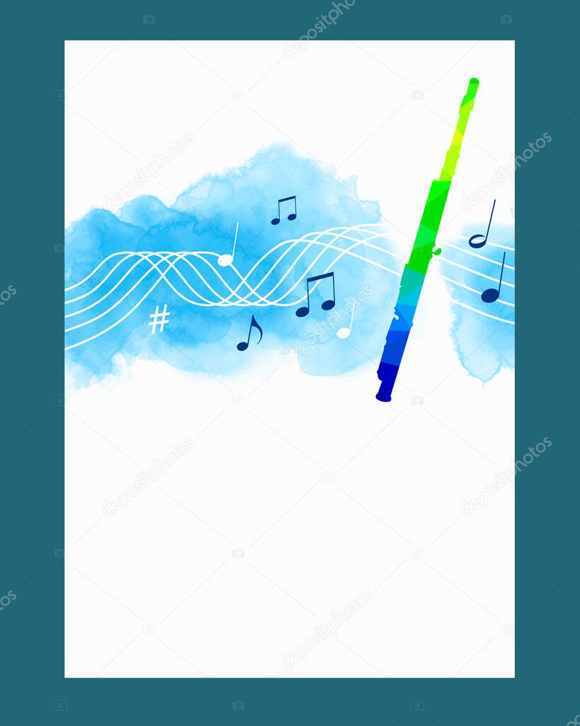Music graphic with transverse flute on watercolor background.