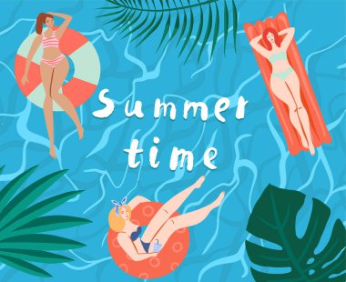 Manzara, yaz, tatil posteri. Kızlar yüzer, rahatlar, havuzda eğlenir. Yaz havuzu partisi konsepti. Yaz dönemi vektör illüstrasyonu. Düz tasarım. 