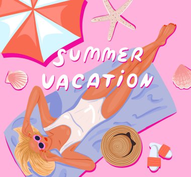 Tatilde. Seyahat et. Güzel genç bayan sahilde dinleniyor. Yaz tatili moda kavramından bir görüntü. Parti davetiyesi. Vektör düz resimleme.