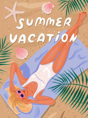 Tatilde. Seyahat et. Güzel genç bayan sahilde dinleniyor. Yaz tatili moda kavramından bir görüntü. Parti davetiyesi. Vektör düz resimleme.