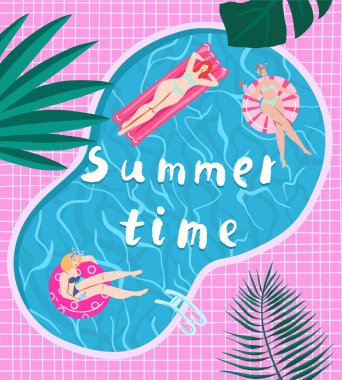 Manzara, yaz, tatil posteri. Kızlar yüzer, rahatlar, havuzda eğlenir. Yaz havuzu partisi konsepti. Yaz dönemi vektör illüstrasyonu. Düz tasarım. 