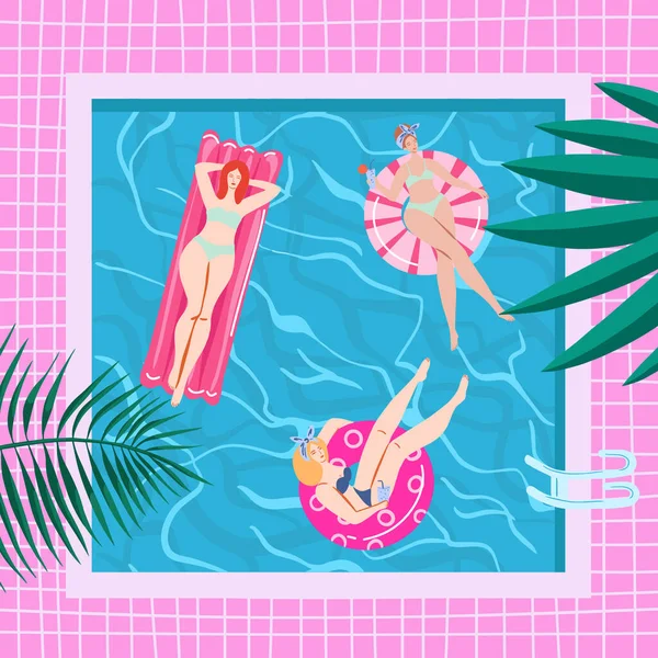 Vista Superior Verão Cartaz Férias Meninas Nadar Relaxar Divertir Piscina — Vetor de Stock