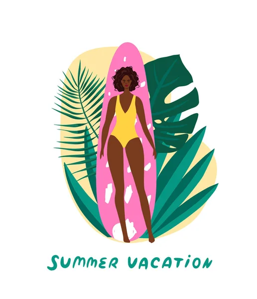 Beautiful Young Girl Surfer Surfboard Tropical Paradise Summer Vacation Adventure — Stock Vector