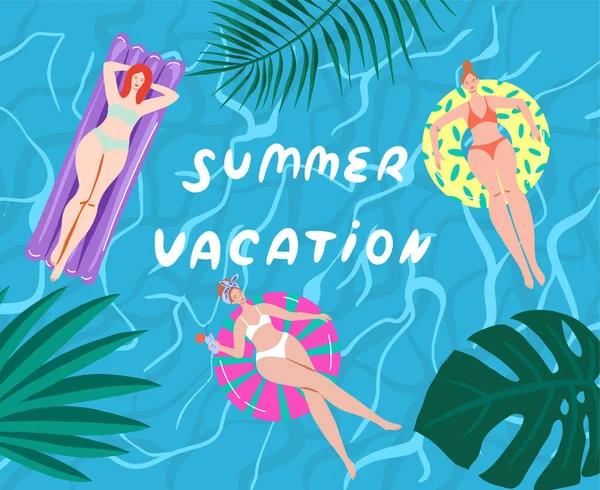 Mädchen Schwimmen Entspannen Haben Spaß Pool Einladungskarte Sommerpoolparty Konzept Illustration — Stockvektor