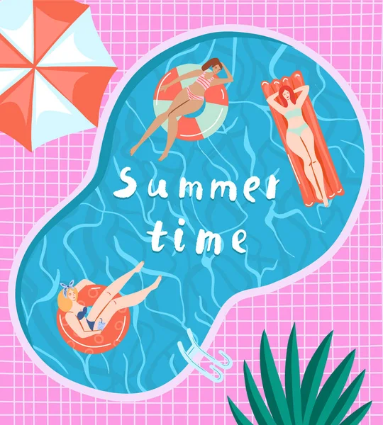 Girls Swim Relax Have Fun Pool Invitation Card Summer Pool — Stock Vector