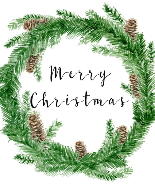 Noel çelengi ve koni. Kış tatili geçmişi için tasarım. Beyaz arkaplanda suluboya köknar dalları.