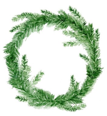 Yeşil ladin Noel çelengi. Beyaz arkaplanda izole edilmiş suluboya köknar dalları.