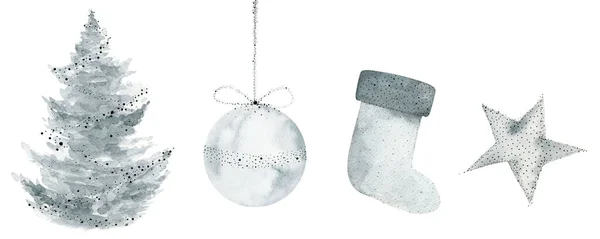 Silver Christmas decor. Holiday winter decor set. The ball, star, sock and Christmas tree. Watercolour illustration on white background. — Stock Photo, Image