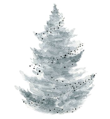 Noel ağacı. Kart, kartpostal, çanta ve kupa için minimalist kış ayrıntıları. Suluboya çizimi beyaz arkaplanda izole edildi.