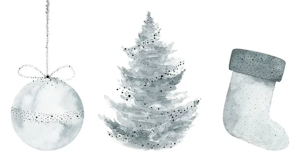 Set di elementi natalizi minimalisti disegnati a mano. Palla di Natale d'argento, abete e calzino. Illustrazione ad acquerello su sfondo bianco. — Foto Stock