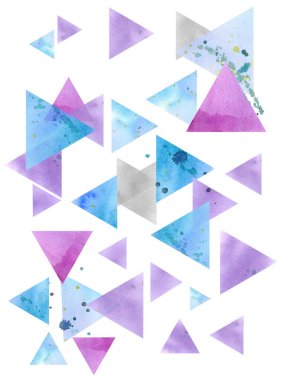 Soyut üçgen deseni. Beyaz arkaplanda suluboya geometrik şekiller. Suluboya, suluboya,